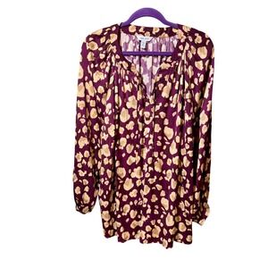 Nine West Womens New Plus Size 2X Leopard Print Long Sleeve Blouse Top Burgundy
